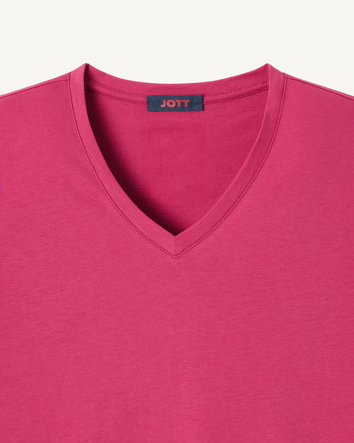 T-shirt uni col V en coton biologique Rose cerise Cancun - JOTT - 3