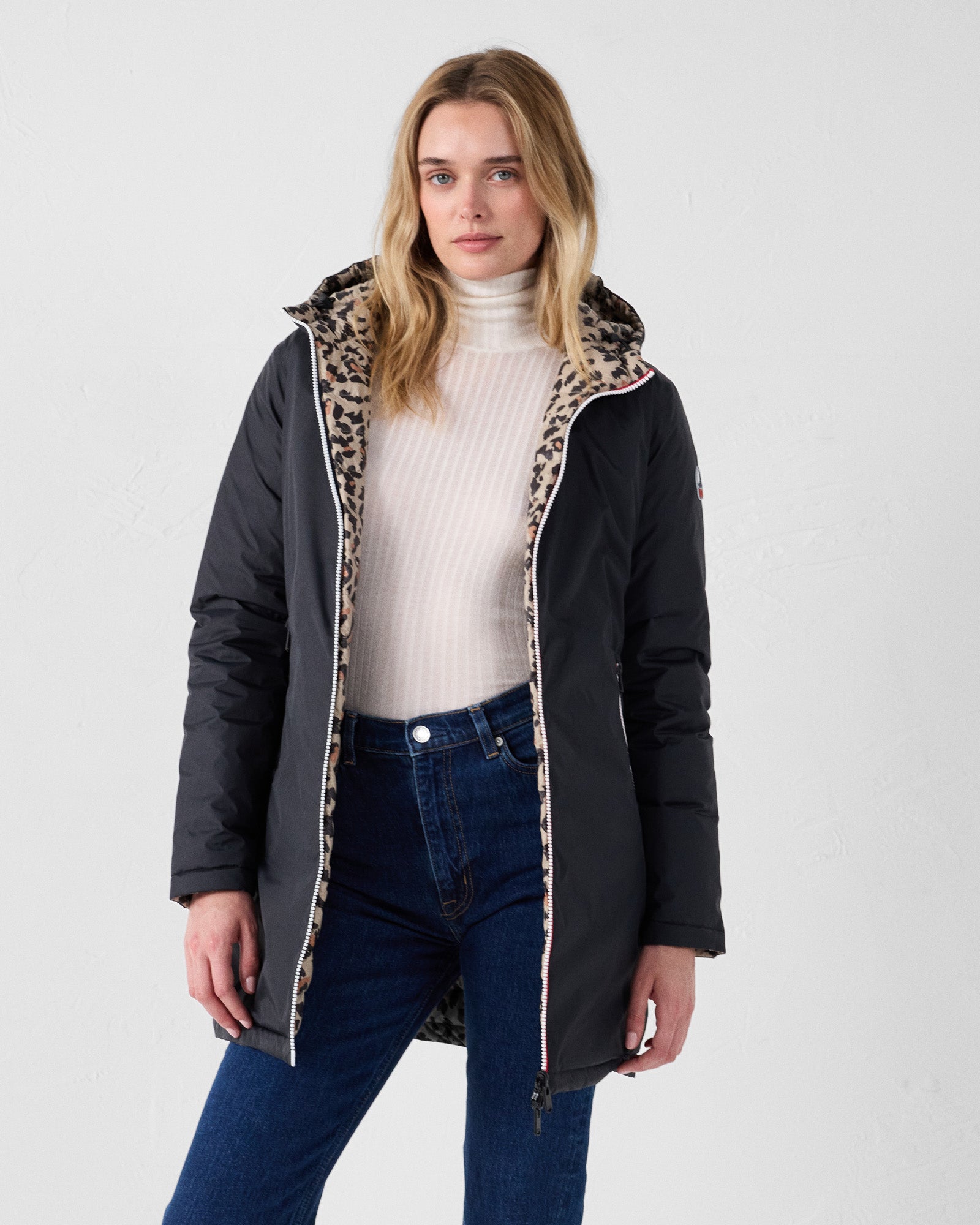 Doudoune longue réversible Noir/leopard beige Verone print - JOTT - 3