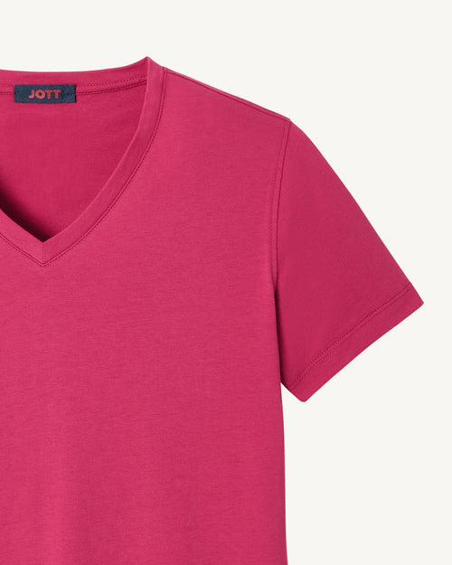 T-shirt uni col V en coton biologique Rose cerise Cancun - JOTT - 2
