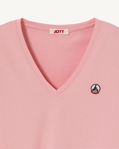 T-shirt uni col V en coton biologique Rose pêche Cancun 2.0 - JOTT - 2