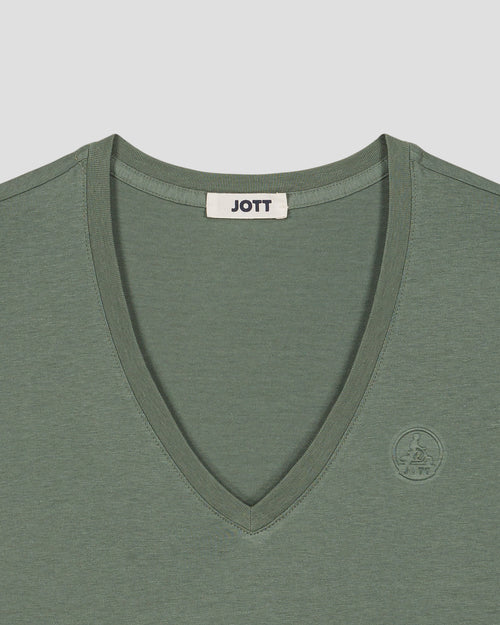 Camiseta lisa con cuello en V de algodón verde salvia Sofia 2.0 - JOTT - 2